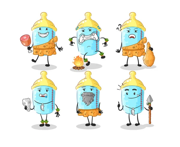 Baby Bottle Primitive Man Group Character Mascot Vector — Stok Vektör