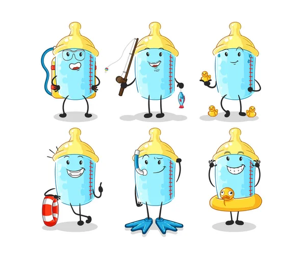 Baby Bottle Water Activity Group Cartoon Mascot Vector — Stockový vektor