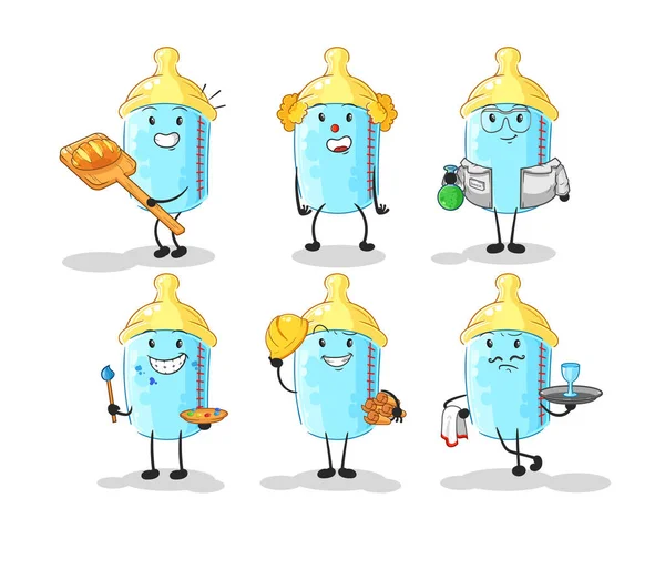Baby Bottle Profession Set Character Cartoon Mascot Vector — Stok Vektör