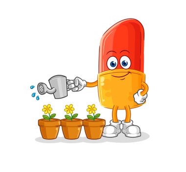 the lipstick watering the flowers mascot. cartoon vector