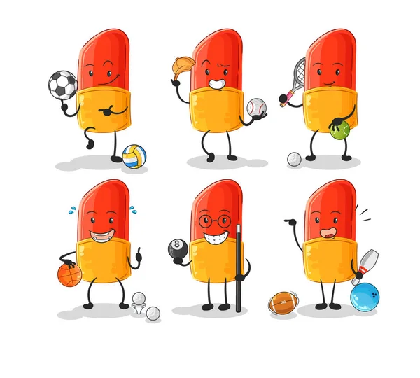 Lipstick Sport Set Character Cartoon Mascot Vector — Stok Vektör