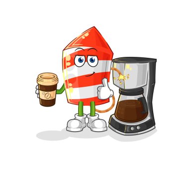 the fireworks rocket drinking coffee illustration. character vecto