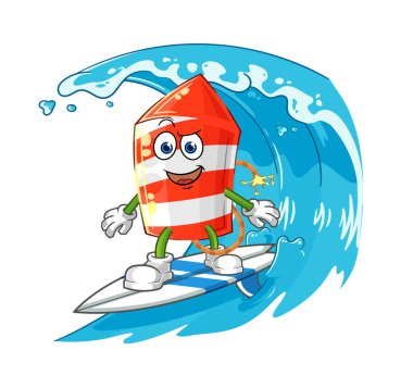 the fireworks rocket surfing character. cartoon mascot vecto
