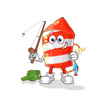 the fireworks rocket fisherman illustration. character vecto