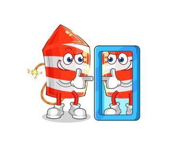 the fireworks rocket looking into mirror cartoon. cartoon mascot vecto