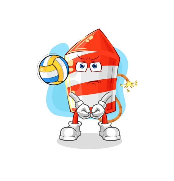 Los Fuegos Artificiales Cohete Jugar Voleibol Mascota Dibujos Animados Vecto — Vector de stock
