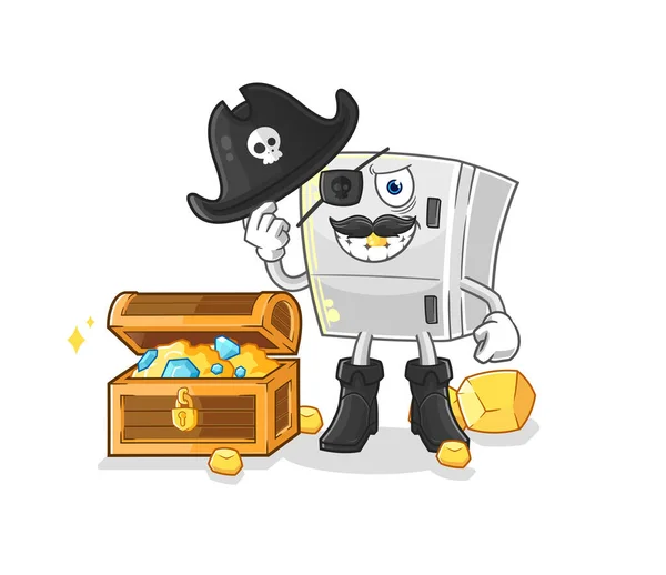 Pirata Del Refrigerador Con Mascota Del Tesoro Dibujos Animados Vecto — Vector de stock