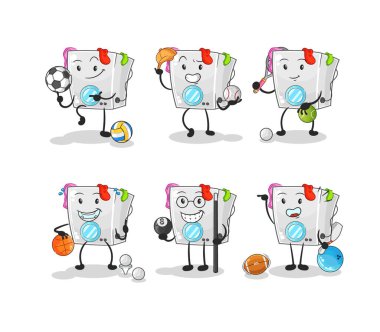 washing machine sport set character. cartoon mascot vecto