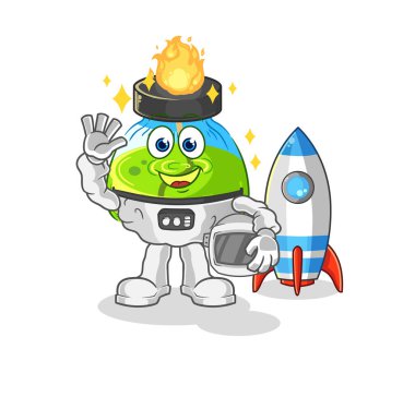 the laboratory spirit lamp astronaut waving character. cartoon mascot vecto