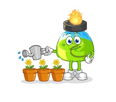 the laboratory spirit lamp watering the flowers mascot. cartoon vecto