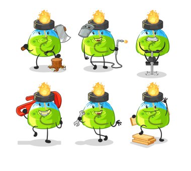 the laboratory spirit lamp worker set character. cartoon mascot vecto