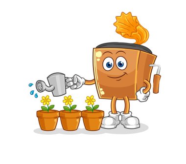 the record player watering the flowers mascot. cartoon vecto