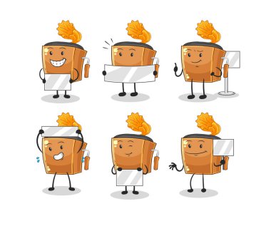 the record player holding board group character. mascot vecto