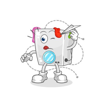 washing machine with paper plane character. cartoon mascot vecto