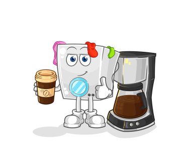 washing machine drinking coffee illustration. character vecto