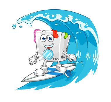 washing machine surfing character. cartoon mascot vecto