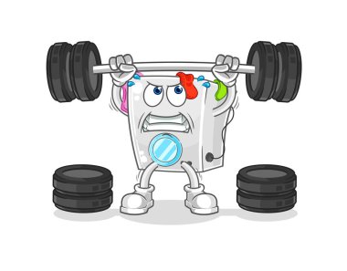 Çamaşır makinesi halterciyi kaldırıyor. karikatür maskotu vektosu