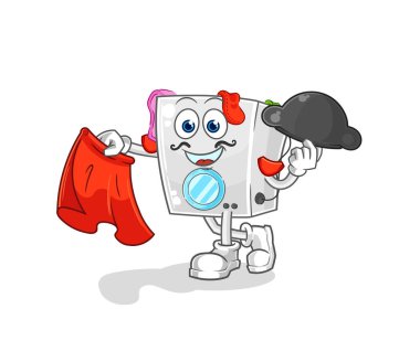 Kırmızı bez resimli çamaşır makinesi matadoru. karakter vektosu