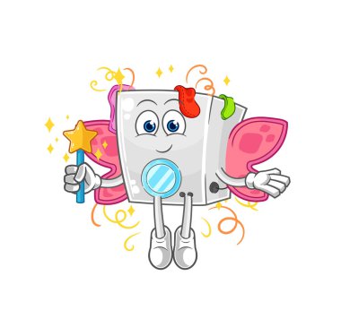 Kanatları ve sopası olan çamaşır makinesi perisi. karikatür maskotu vektosu