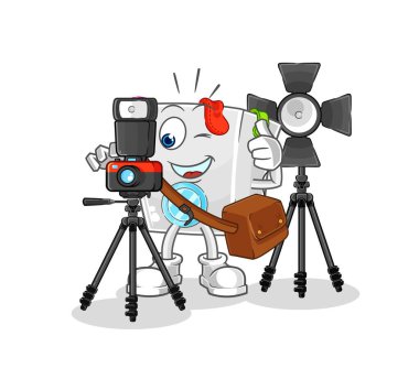 Çamaşır makinesi fotoğrafçısı karakter. karikatür maskotu vektosu