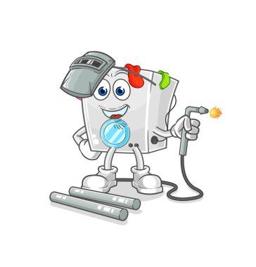 Çamaşır makinesi kaynak maskotu. çizgi film vektosu