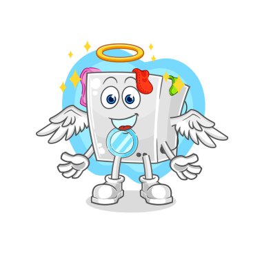 Kanat vektörlü çamaşır makinesi meleği. karikatür