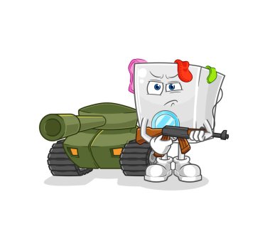 Tank karakterli çamaşır makinesi askeri. karikatür maskotu vektosu