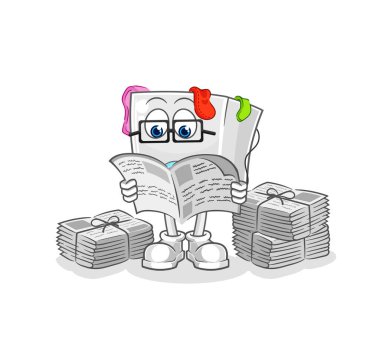 Çamaşır makinesi gazete karikatürü okur. karakter vektosu