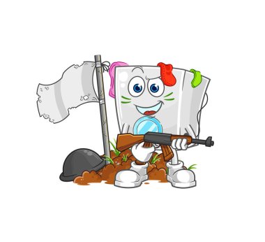 Çamaşır makinesi ordu karakteri. karikatür maskotu vektosu