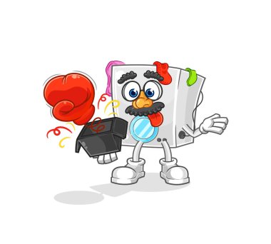 Kutuda çamaşır makinesi şaka eldiveni var. çizgi film maskotu