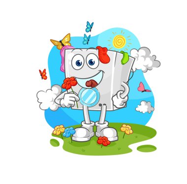 Çamaşır makinesi ilkbaharda çiçek toplar. karakter vektosu