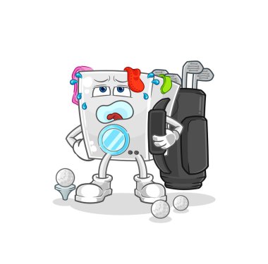 Golf ekipmanlı çamaşır makinesi. karikatür maskotu vektosu