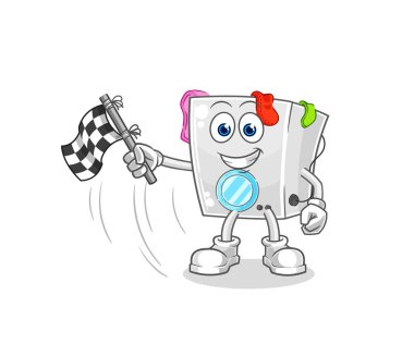 Çamaşır makinesi bitiş bayrağını tutar. karikatür maskotu vektosu