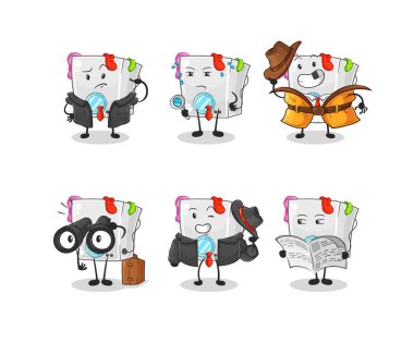 Çamaşır makinesi dedektif grup karakteri. karikatür maskotu vektosu