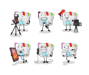 Çamaşır makinesi teknoloji grubu karakteri. karikatür maskotu vektosu