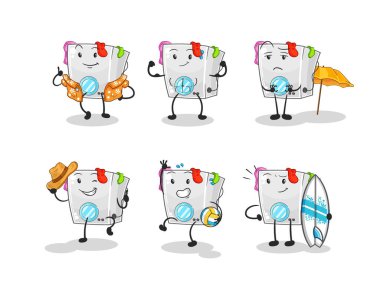 Çamaşır makinesi plaj tatili seti karakteri. karikatür maskotu vektosu