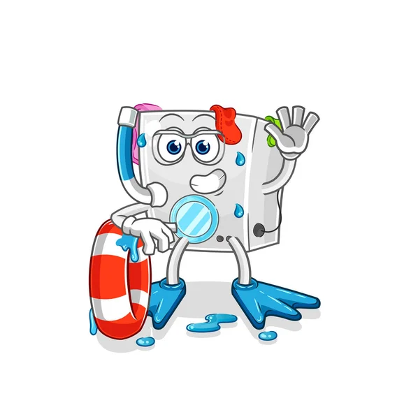 Máquina Lavar Roupa Nadador Com Mascote Bóia Desenho Animado Vecto — Vetor de Stock