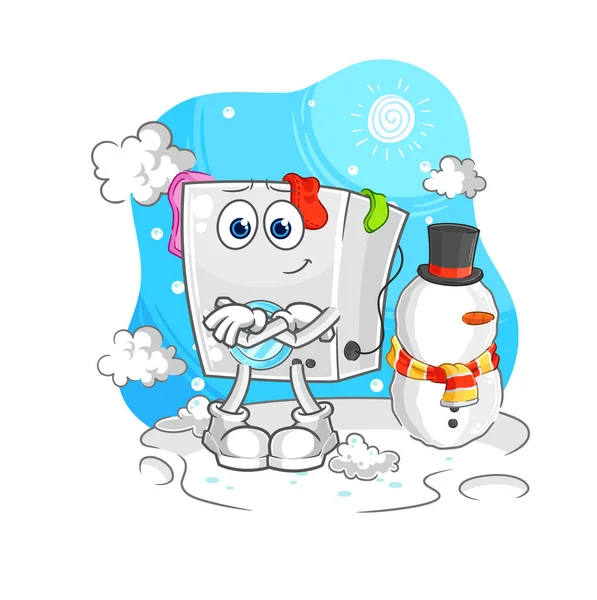 Washing Machine Cold Winter Character Cartoon Mascot Vecto — Stock Vector