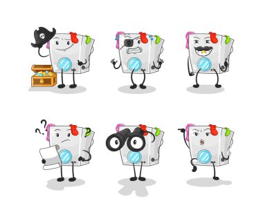 Çamaşır makinesi korsan grup karakteri. karikatür maskotu vektosu