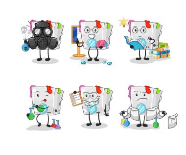 Çamaşır makinesi bilim adamı grup karakteri. karikatür maskotu vektosu