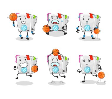 Çamaşır makinesi basketbol oyuncusu grup karakteri. maskot vektosu