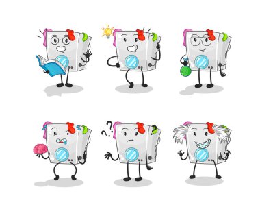 Çamaşır makinesi düşünen grup karakteri. karikatür maskotu vektosu