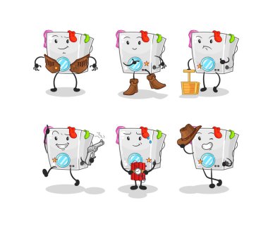 Bulaşık makinesi kovboy grup karakteri. karikatür maskotu vektosu