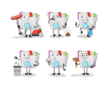 çamaşır makinesi temizlik grubu karakteri. karikatür maskotu vektosu