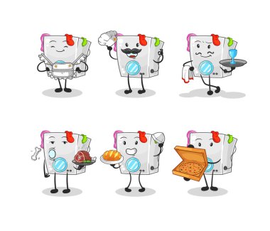 Çamaşır makinesi restoran grubu karakteri. karikatür maskotu vektosu