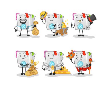 Çamaşır makinesi zengini grup karakteri. karikatür maskotu vektosu