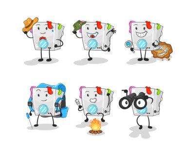 çamaşır makinesi macera grubu karakteri. karikatür maskotu vektosu