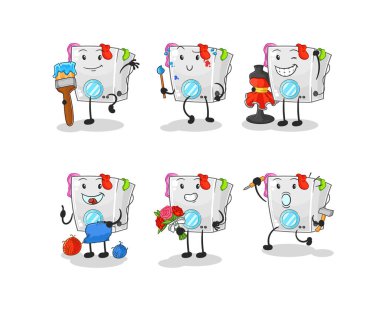 çamaşır makinesi sanatçısı grup karakteri. karikatür maskotu vektosu