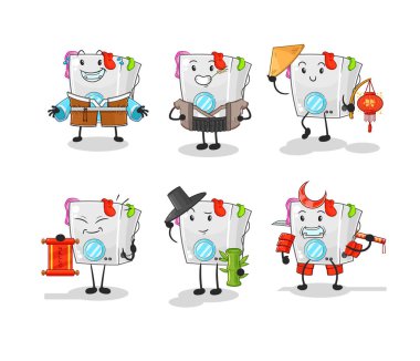 Çamaşır makinesi Asya kültürü seti. karikatür maskotu vektosu