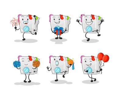 Çamaşır makinesi kutlama karakterini belirledi. karikatür maskotu vektosu